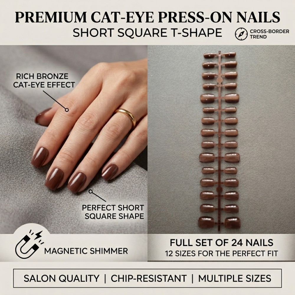 Nail Art Extension Cat Eye - 24 Uñas Postizas Cortas Cuadradas Color