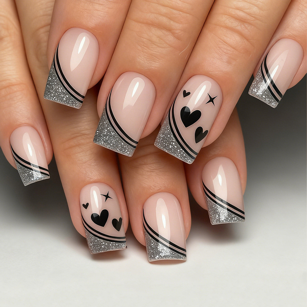 Nail Art Glitter - Uñas postizas cuadradas cortas para mujeres