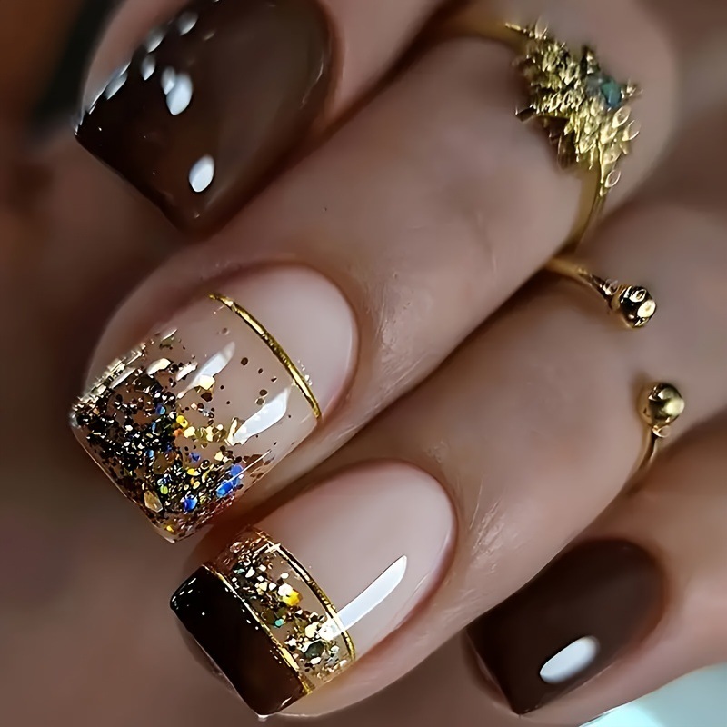 Nail Art Glitter - Uñas postizas cuadradas cortas para mujer,