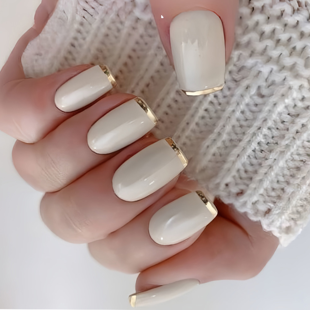 Nail Art French Nails - Uñas postizas medianas para mujer, beige,