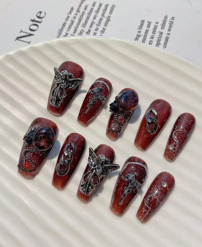 Nail Art Burgundy - Set de Uñas Postizas Retro de